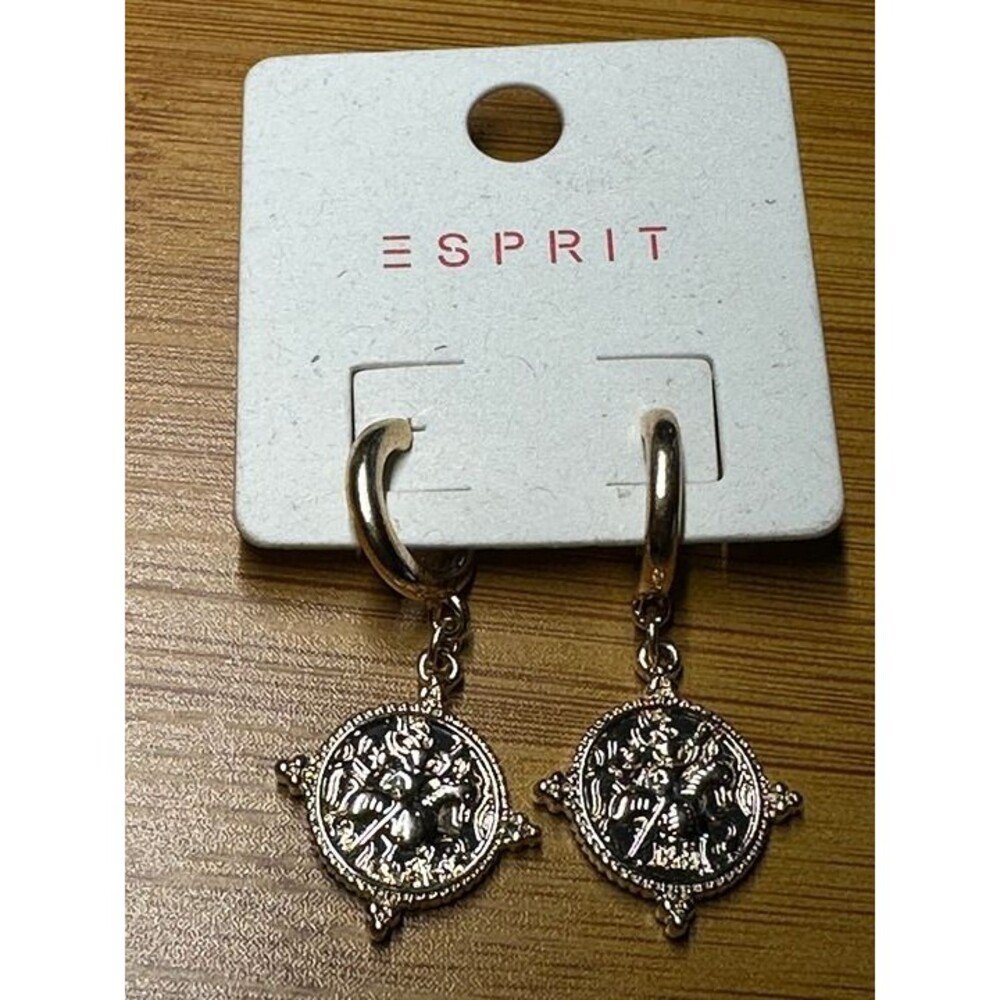 ESPRIT Gold Tone Coin Medallion Charm Dangle Hoop Earrings Embossed Boho New